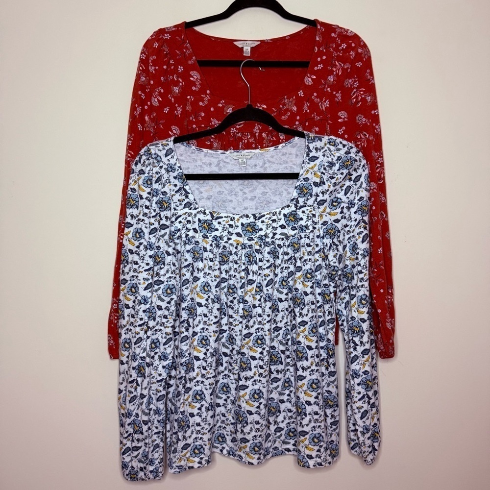 LUCKY BRAND Set of 2 Boho Ditsy Floral Cozy Square Neckline Tunic Blouses